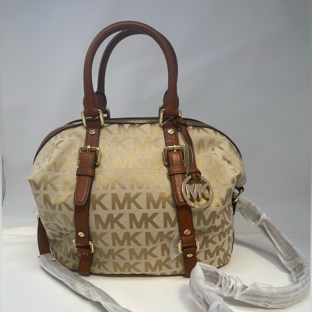 Michael Kors Beige and Brown MK Bedford Satchel